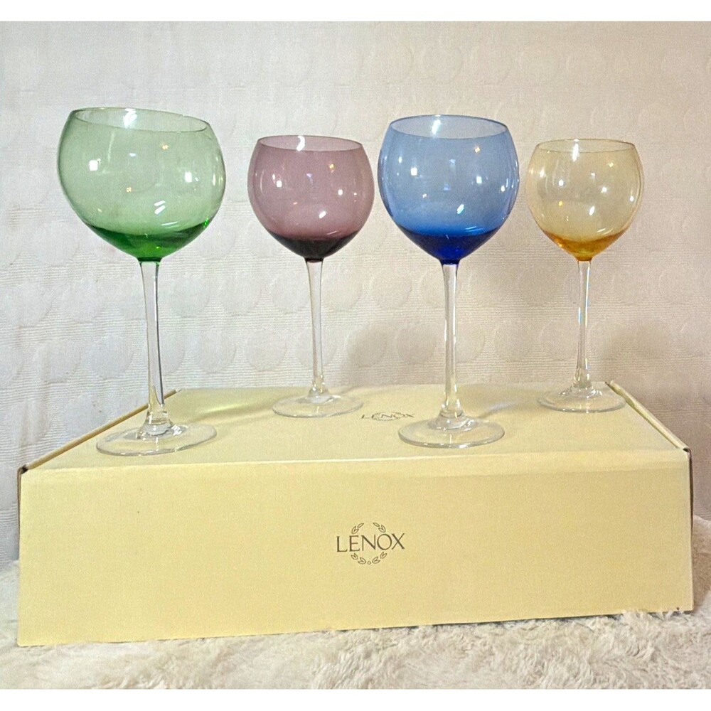 Lenox Gems Balloon Wine Glasses Set of 4 Multicolor Blue Amber Green Purple Box